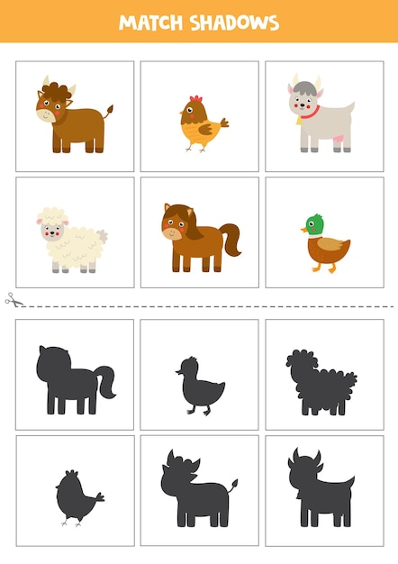 Shadow matching cards for preschool kids. Cute farm animals.