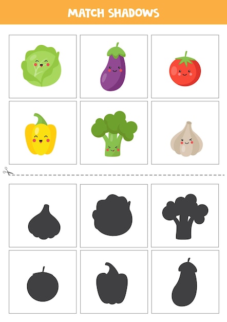 Shadow matching cards for preschool kids. Cute kawaii vegetables.