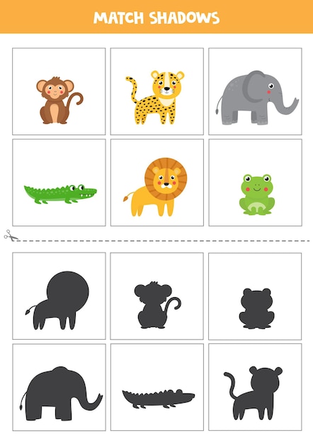 Shadow matching cards for preschool kids. Cute wild animals.