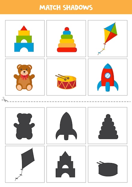 Shadow matching cards for preschool kids. Set of colorful toys.