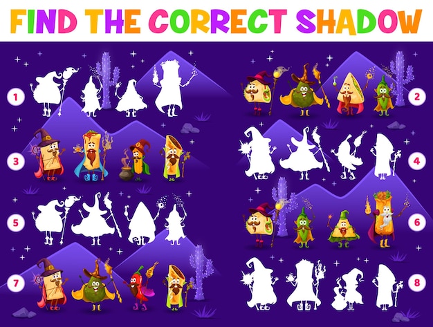 Shadow matching game cartoon tex mex food wizards