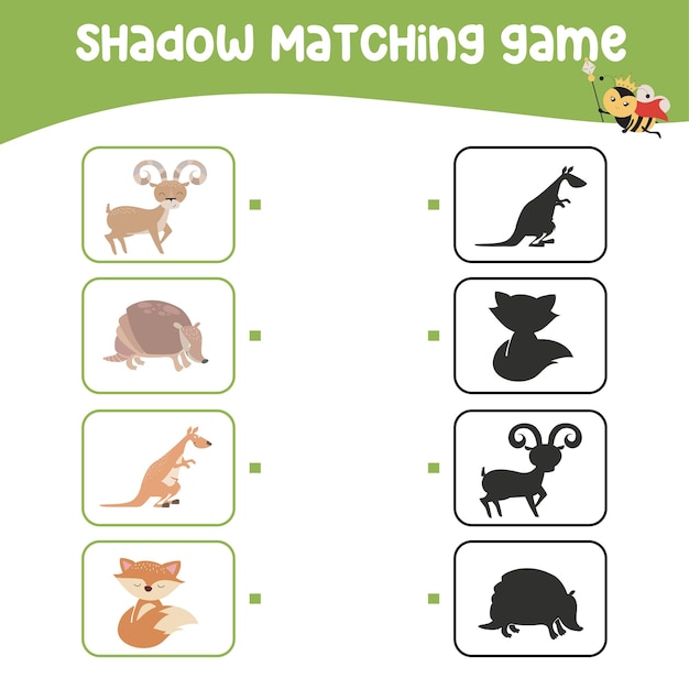 Shadow matching game worksheet for children Printable activity page for kids Learning Game