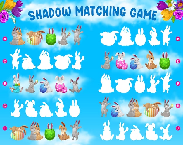 Shadow matching kids game with Easter rabbits and decorated eggs