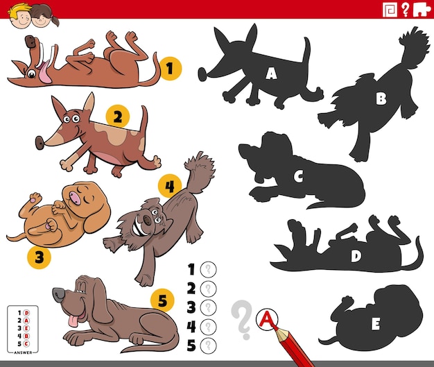 Shadows game with comic dogs animal characters