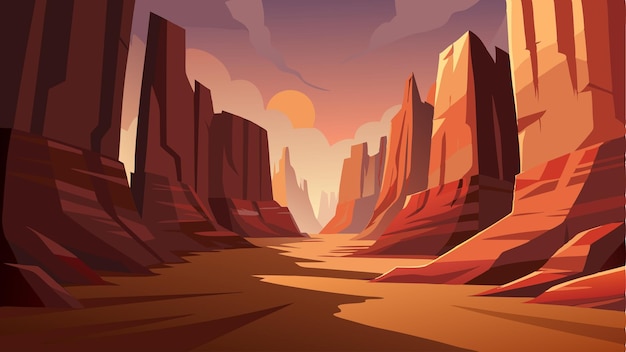 The shadows of towering canyon walls stretch across the dusty floor creating a sense of foreboding and wonder