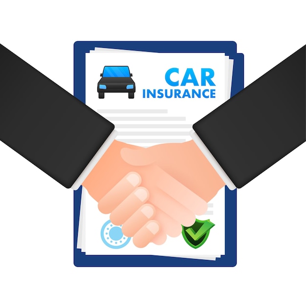 Shaking hands Car insurance contract document over hands Shield icon Protection