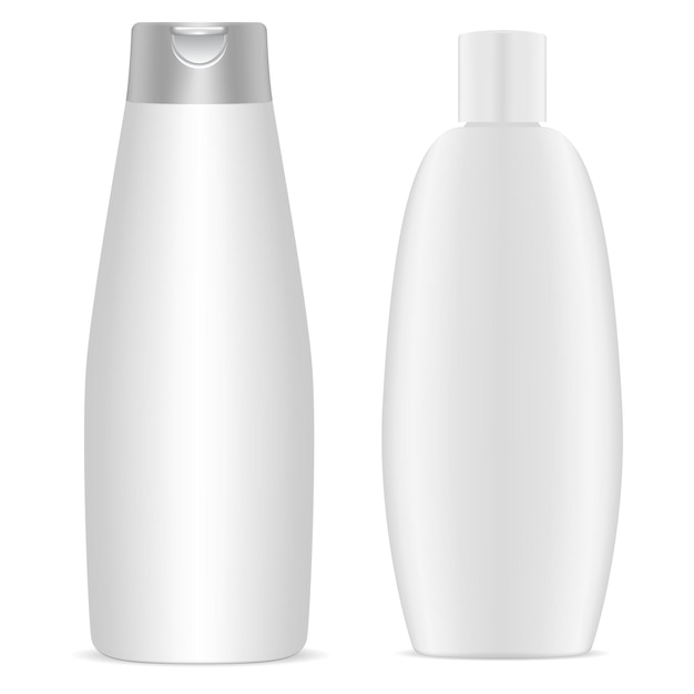 Shampoo bottle. White plastic cosmetic bottles blank,   template. Body gel package collection. Round packaging for bath product. Milk or soap container, health and hygiene