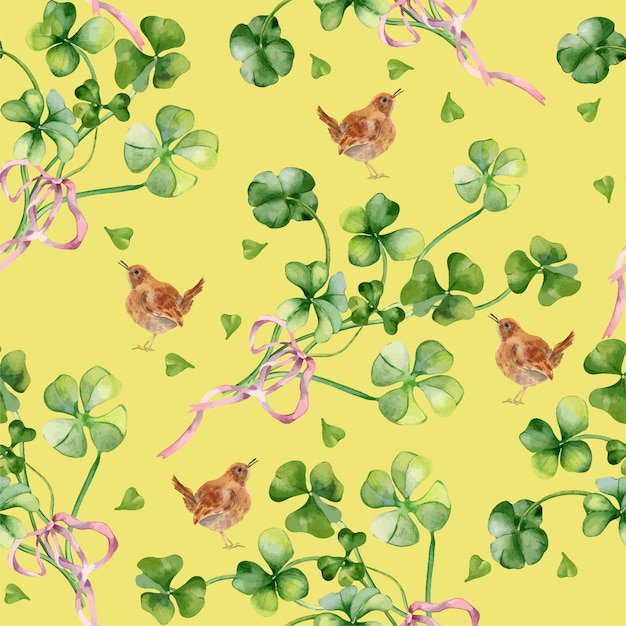 Shamrock watercolor seamless pattern isolated on beige background Hand painted green four leaves Hand drawn bird and clover Irish symbol Design element for StPatricks day banner spring textile