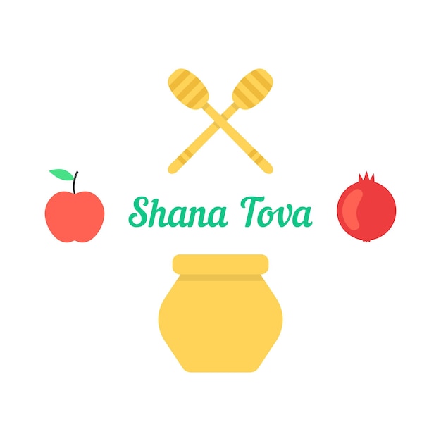 Shana tova card with traditional objects. concept of shanah tovah, israel culture, decoration, annual feast. isolated on white background. flat style trend modern logo design vector illustration