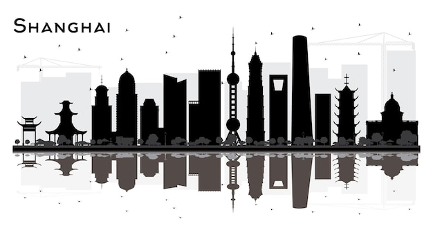 Shanghai China City Skyline Silhouette with Black Buildings and Reflections Isolated on White. Vector Illustration. Tourism Concept with Historic Architecture. Shanghai Cityscape with Landmarks.