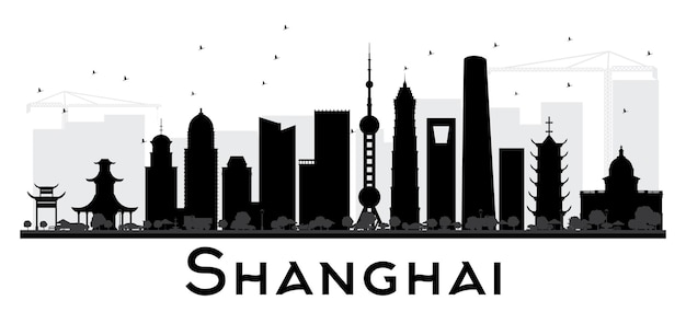 Shanghai City skyline black and white silhouette. Vector illustration. Simple flat concept for tourism presentation, banner, placard or web site. Business travel concept. Cityscape with landmarks.