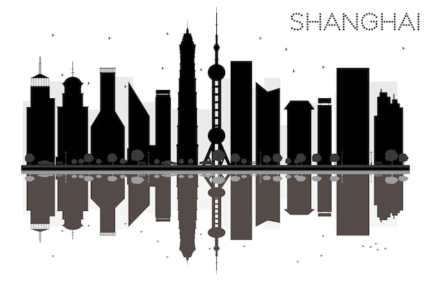 Shanghai City skyline black and white silhouette with Reflections. Vector Illustration. Simple flat concept for tourism presentation, banner, placard or web site. Cityscape with landmarks.