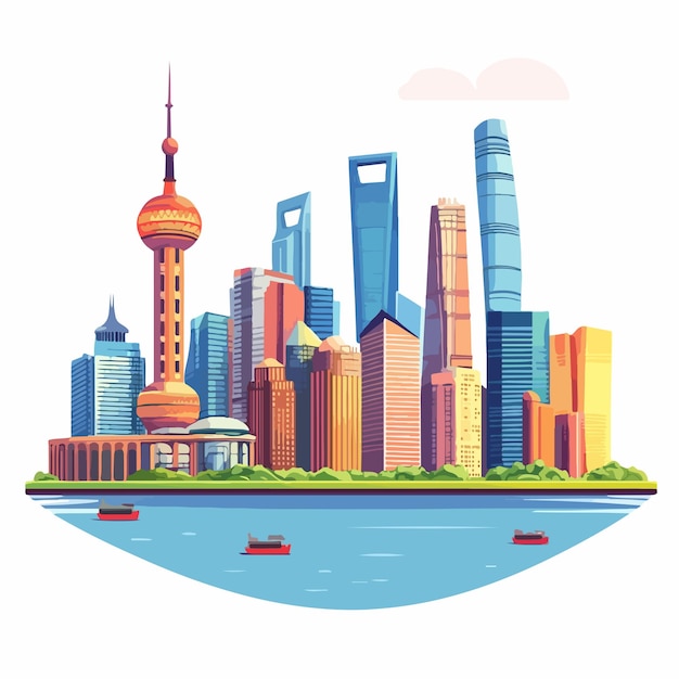 Vector shanghai skyline vector cartoon illustration