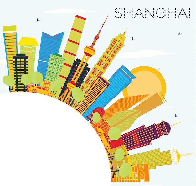 Shanghai Skyline with Color Buildings, Blue Sky and Copy Space. Vector Illustration. Business Travel and Tourism Concept with Modern Architecture. Image for Presentation Banner Placard and Web Site.