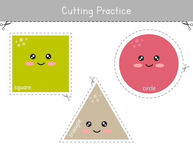 Shapes cutting practice worksheet for kids. Preschool educational game. Fine motor skills activity