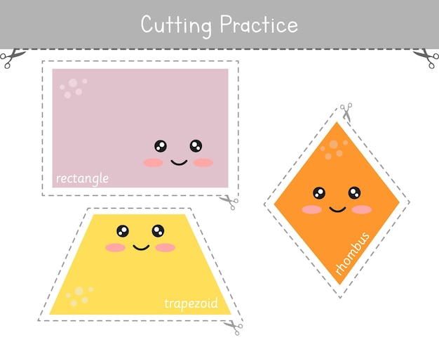 Shapes cutting practice worksheet for kids. Preschool educational game. Fine motor skills activity