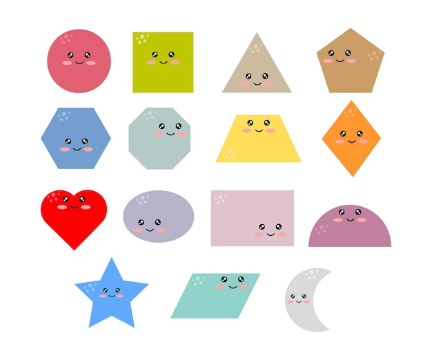 Shapes set for kids, worksheets, flashcards, preschool, kindergarten education, math, 2D shapes