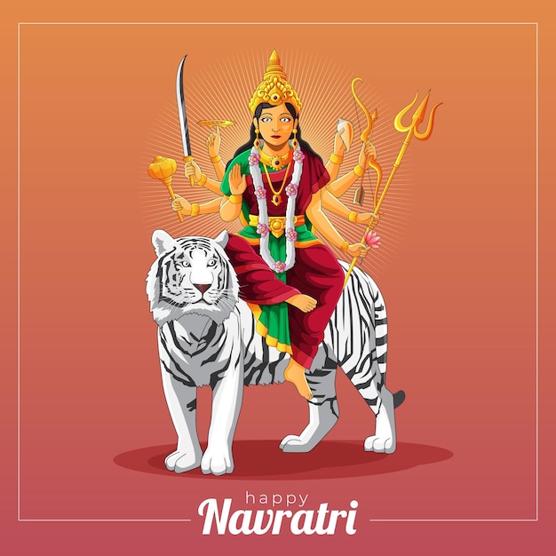 Sharad navratri vector greeting card with Durga goddess and white tiger