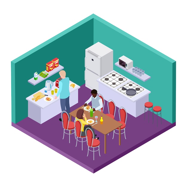 Shared kitchen in an international hostel isometric  location