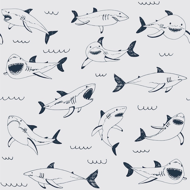 Shark animal sea vector hand drawn funny seamless pattern