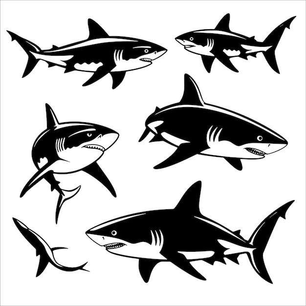 Vector shark black and white silhouette vector illustration set