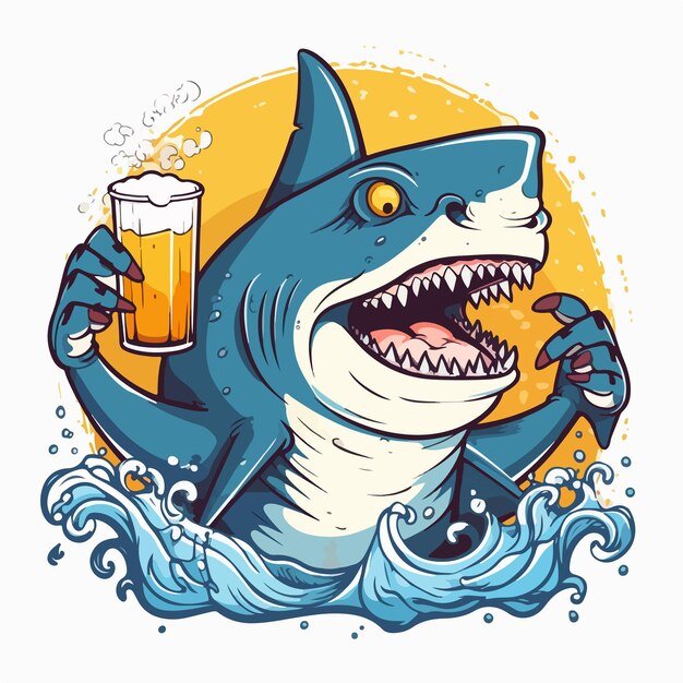 Vector shark doodle outline drinking beer illustration