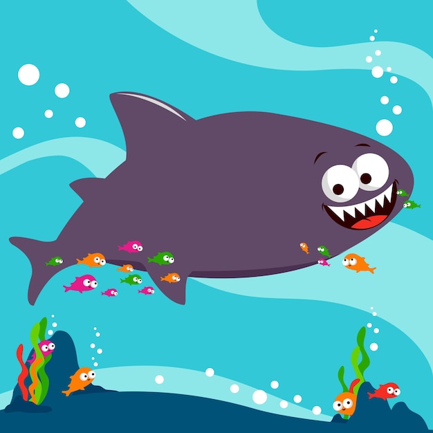 Shark and fish swimming underwater Cute cartoon sea animals under sea floor Vector Illustration