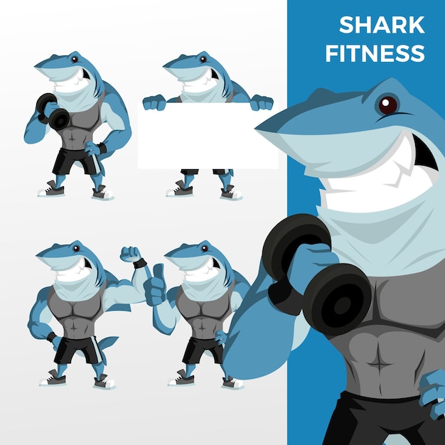 Shark fitness mascot character set logo icon illustration