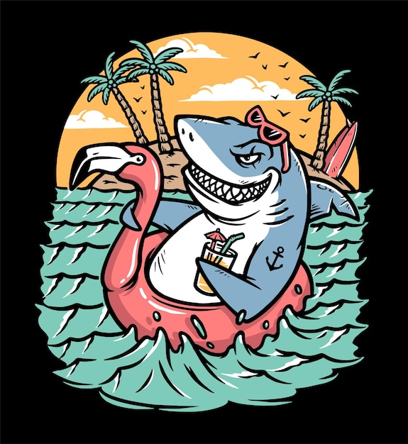 the shark is relaxing on the beach illustration