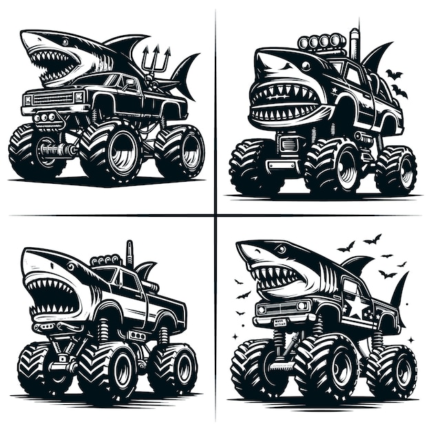 Vector shark monster truck svg muscle car svg 4x4 off road vehicle shark monster truck truck svg