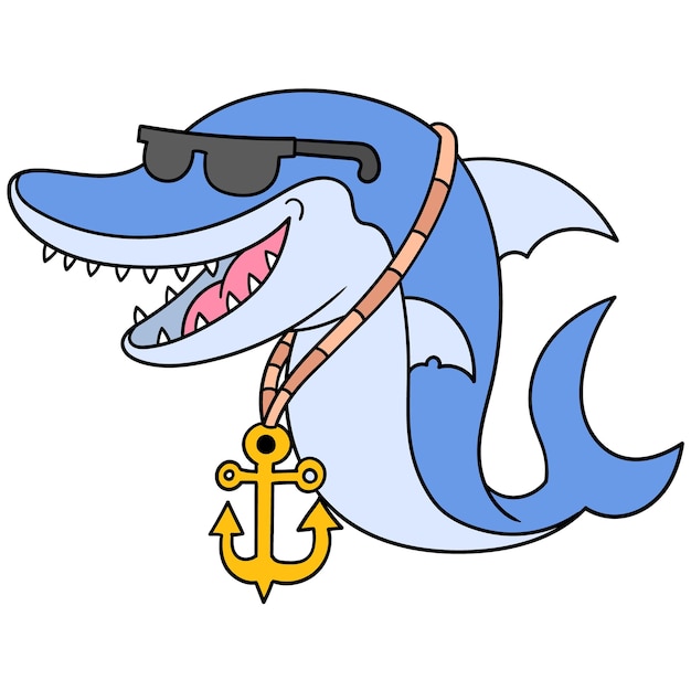 Shark rapper wearing sunglasses and gold anchor necklace, vector illustration art. doodle icon image kawaii.