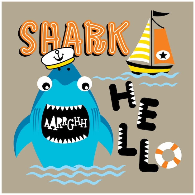 shark on the sea funny animal cartoon, illustration