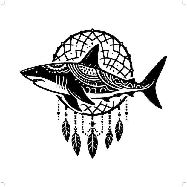 Shark silhouette in bohemian boho nature illustration