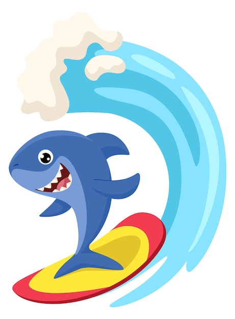 Shark surfer Cartoon joyful animal on ocean wave