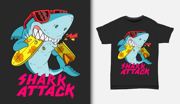 Shark surfing attack illustration with t-shirt design, Hand drawn