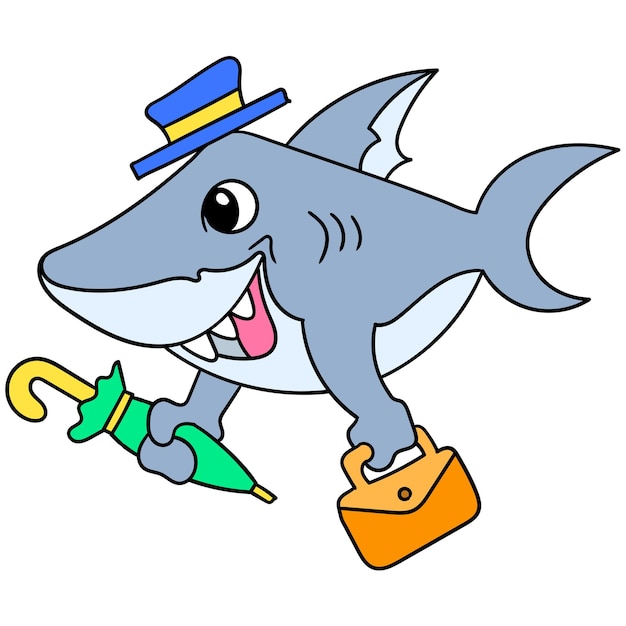 A shark with a happy expression full of enthusiasm carrying a bag ready to perform as a magician, doodle draw kawaii. illustration art