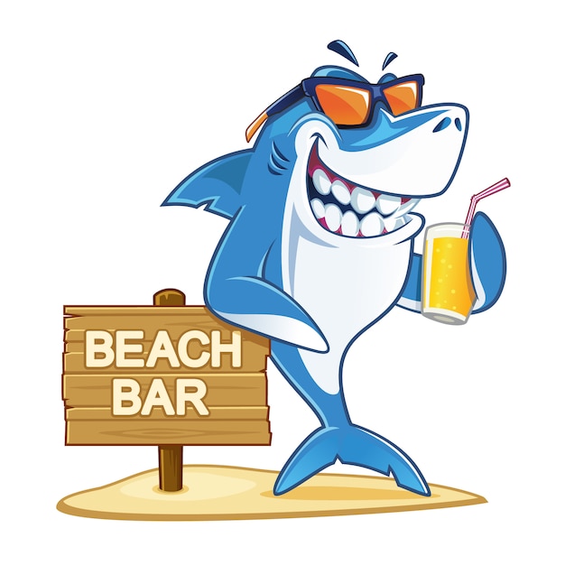 Shark with sunglasses holding glass of juice