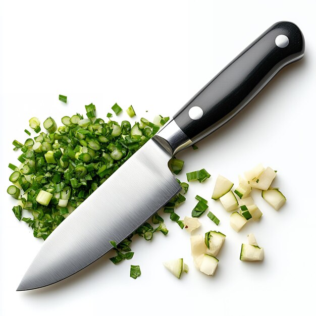 Vector a sharp knife rests on chopped green onions