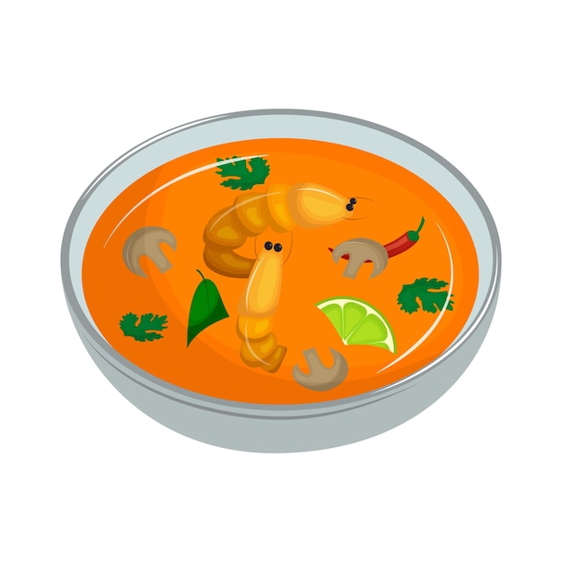 Sharp Thai soup Tom Yam with shrimp lime and chili Traditional Asian cuisine Vector illustration