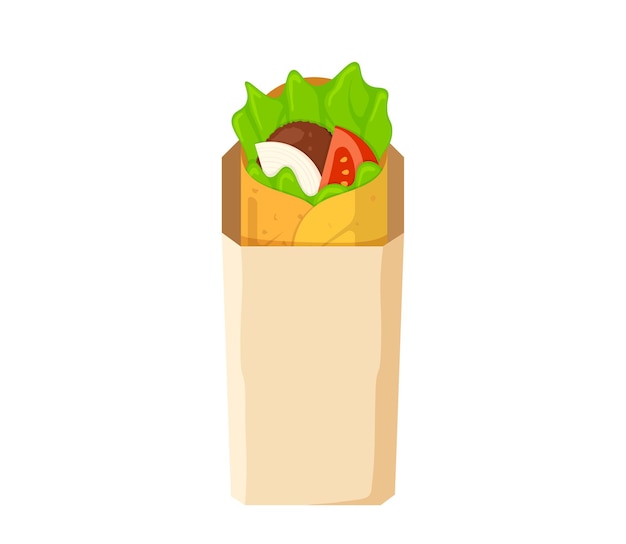 Vector shawarma fast food meat roll in paper packaging arabic eastern toasty doner kebab meal cartoon