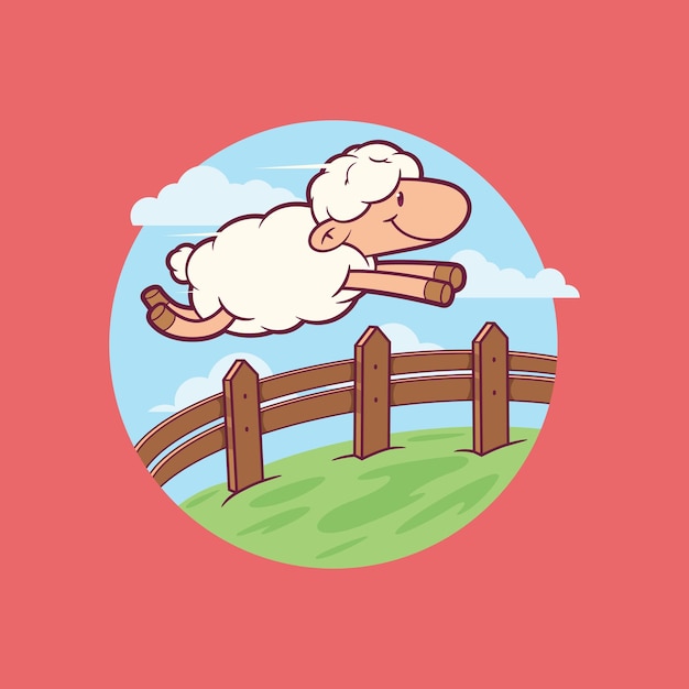 Sheep character jumping a fence smiling vector illustration Sleep funny kids design concept