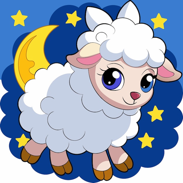 a sheep is sitting on a moon with stars in the background