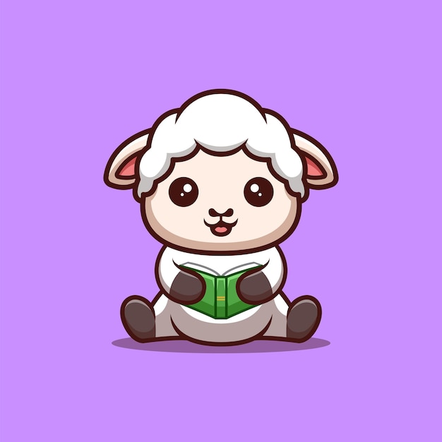 Sheep Sitting Reading Book Cute Creative Kawaii Cartoon Mascot Logo