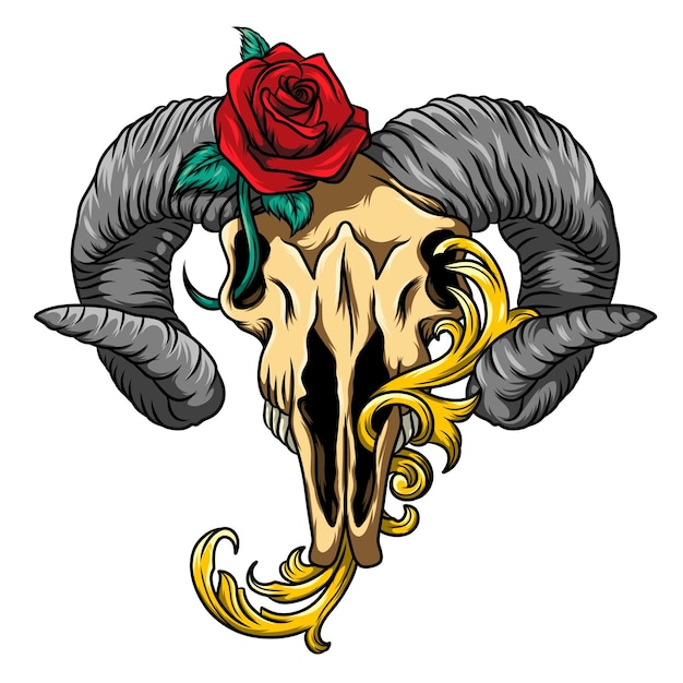 Sheep skull and baroque with rose for tattoo design of illustration