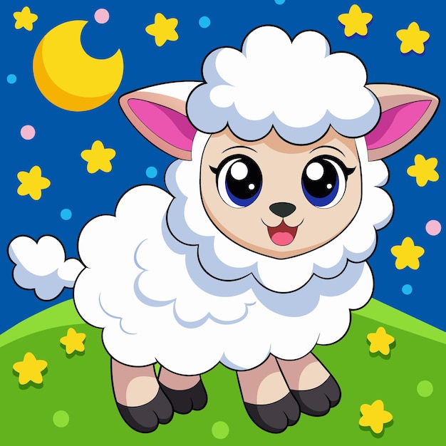 a sheep with a blue background with stars and the word sheep