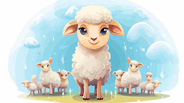 a sheep with a blue eyes stands in front of a blue background