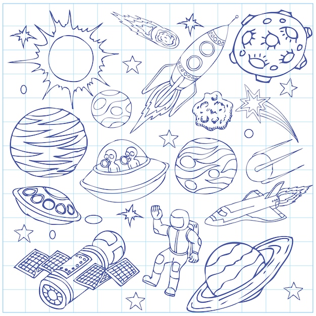 Sheet of exercise book with outer space doodles