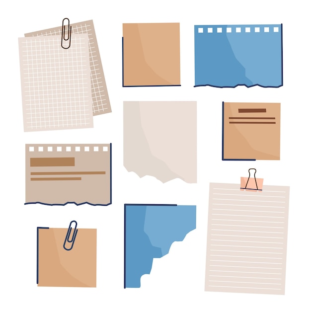 Sheets of note paper with paper clips and adhesive tape