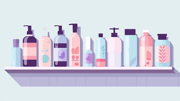 a shelf of bottles of soap and a bottle of perfume