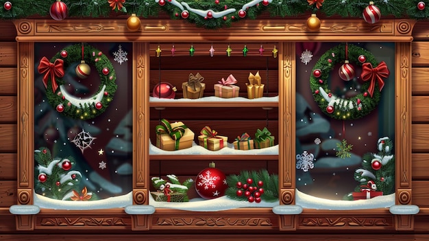 Vector a shelf with a christmas display and a christmas tree with a frame